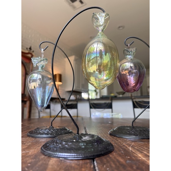 SET of 3 Vintage Italian Artisan HAND BLOWN GLASS Fruit Ornaments + Stands - Picture 4 of 16